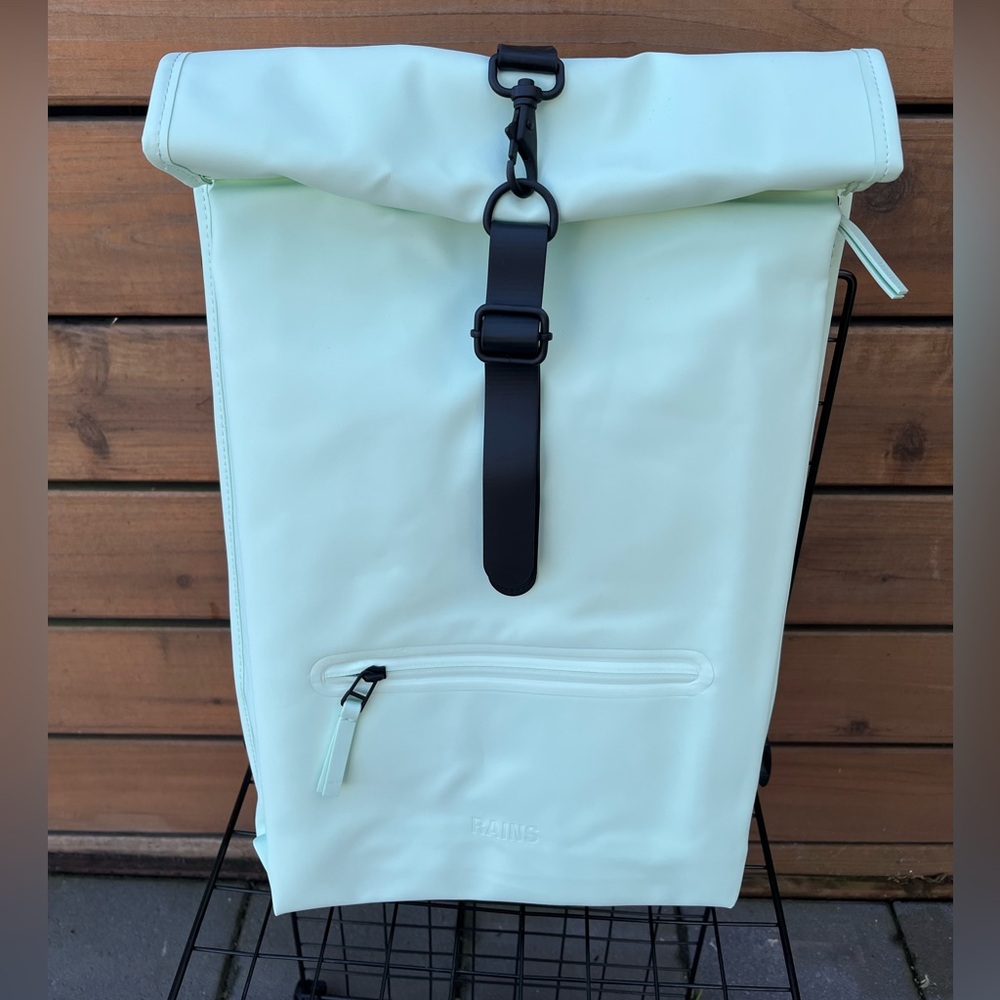 NWT Rains waterproof Rolltop Rucksack backpack, mint green color.